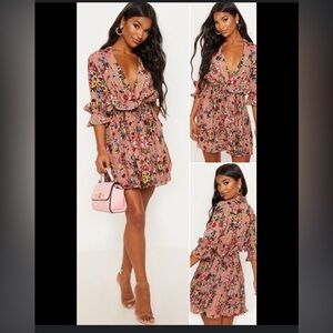PRETTYLITTLETHING Womens NWT Nude Floral Pleated Skater Dress Size 8 NWT